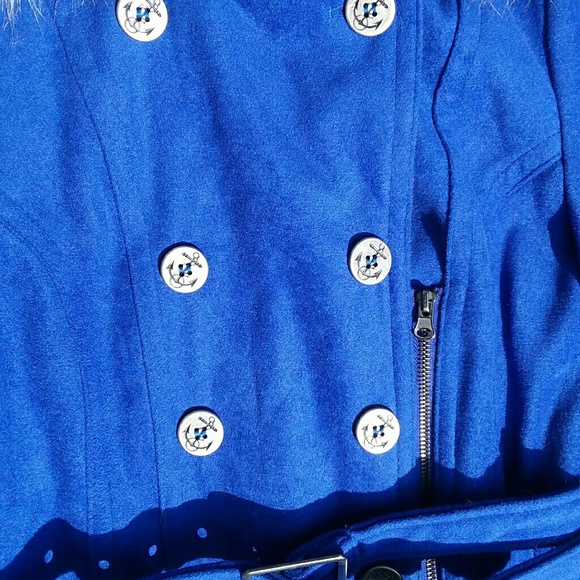 DeliA*s blue double breasted fur hood zipper coat - Picture 5 of 8